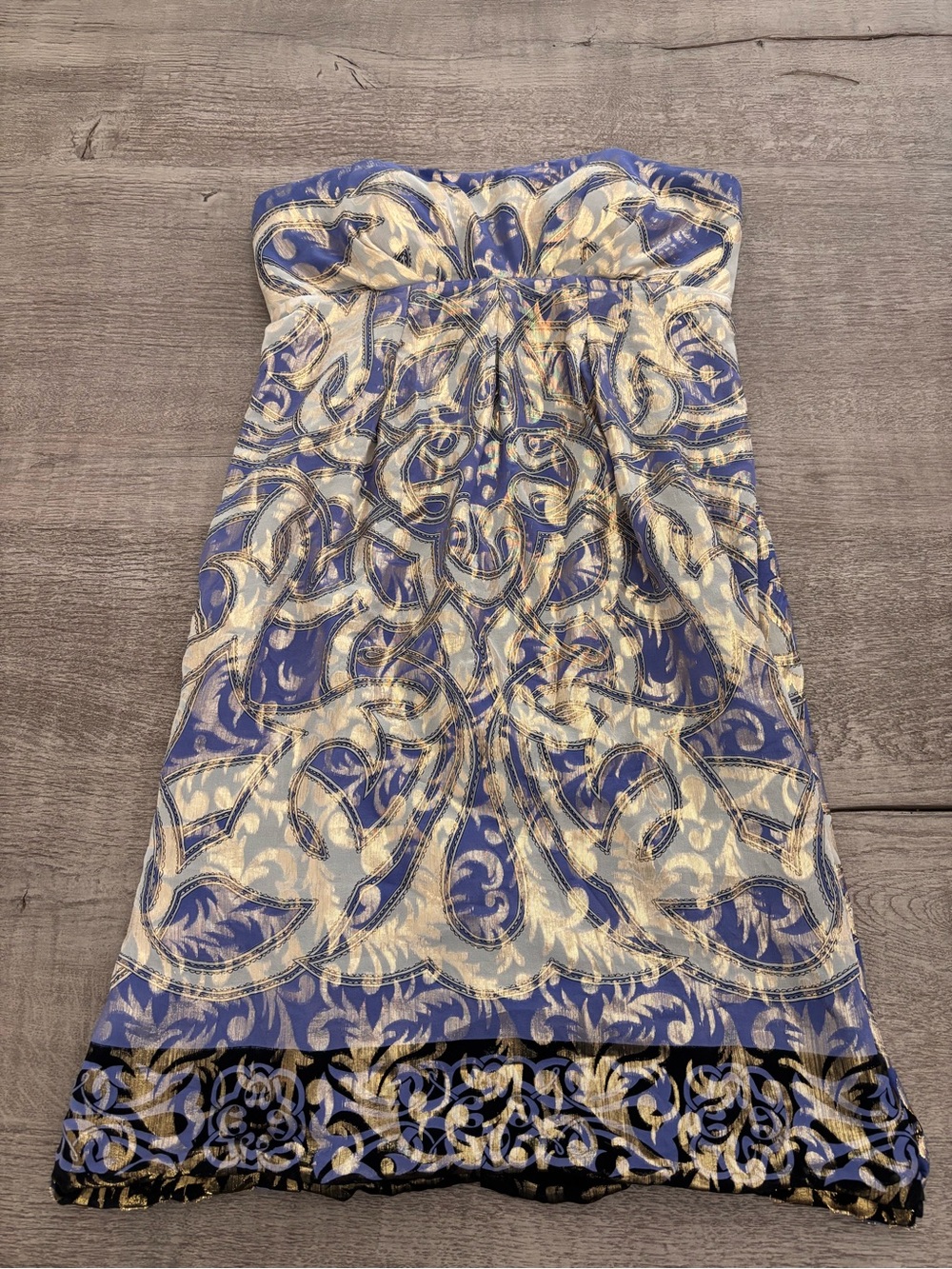 Nicole Miller Collection - Strapless Blue and Cream Baroque Print Prom Dress